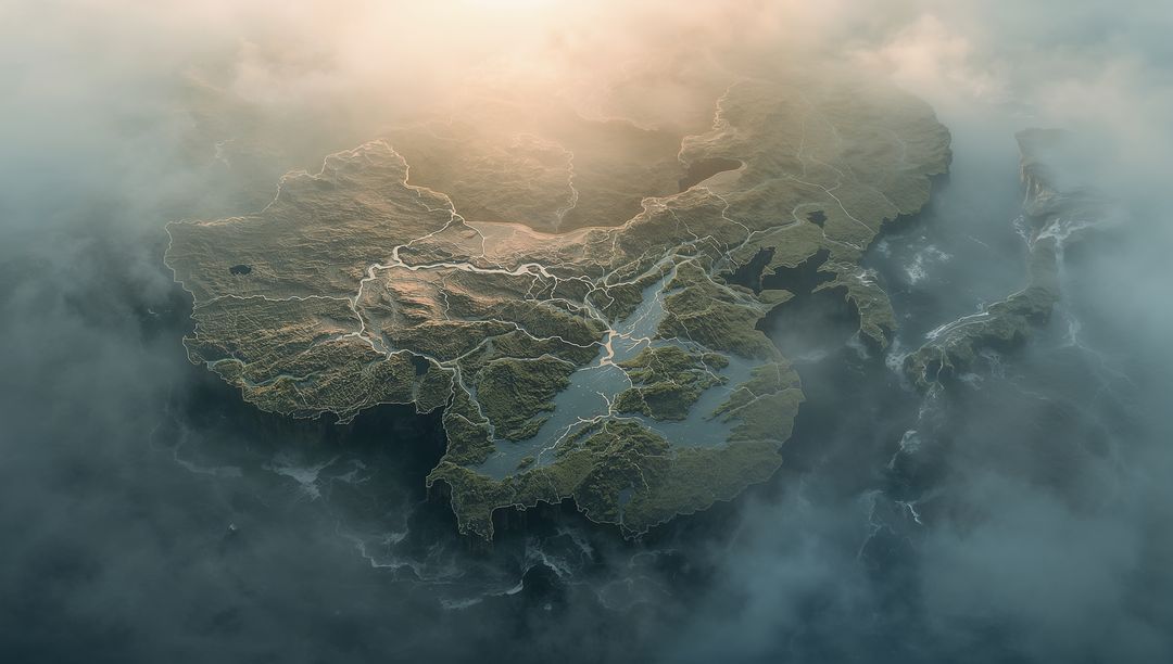 Fantasy Floating Island Landscape with Clouded Ocean View