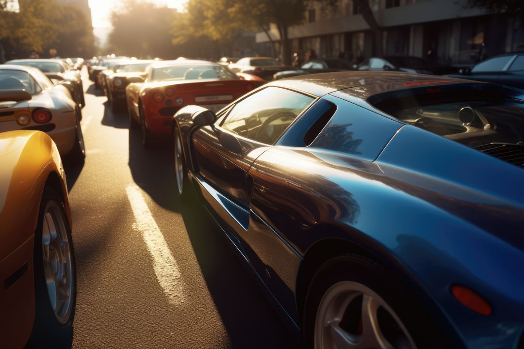 Row of Sports Cars Parked on Urban Street at Sunset - Free Images, Stock Photos and Pictures on Pikwizard.com