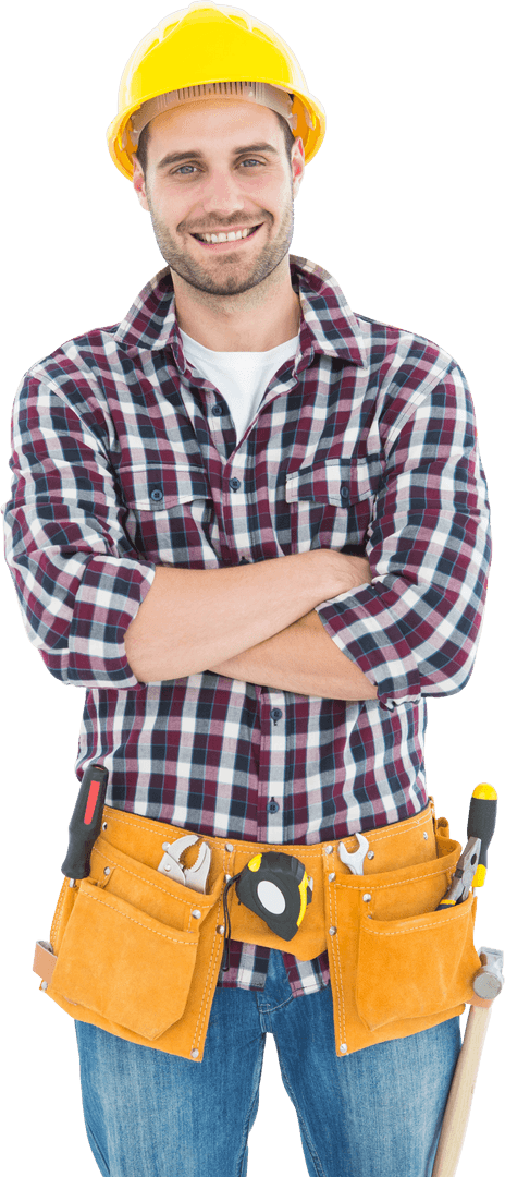Confident Young Male Handyman Wearing Hard Hat and Tool Belt Transparent Background