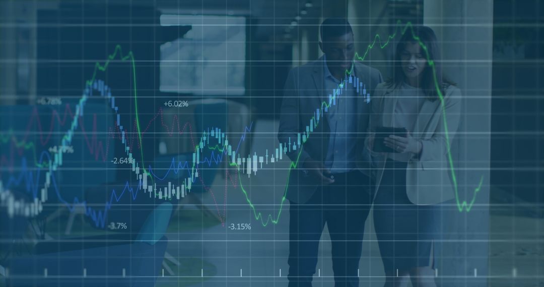 Business Partners Analyzing Data with Digital Interface Overlay