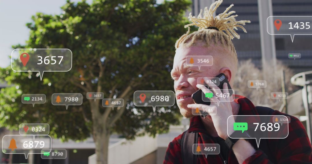 Albino Man Using Smartphone with Data Visualization in City