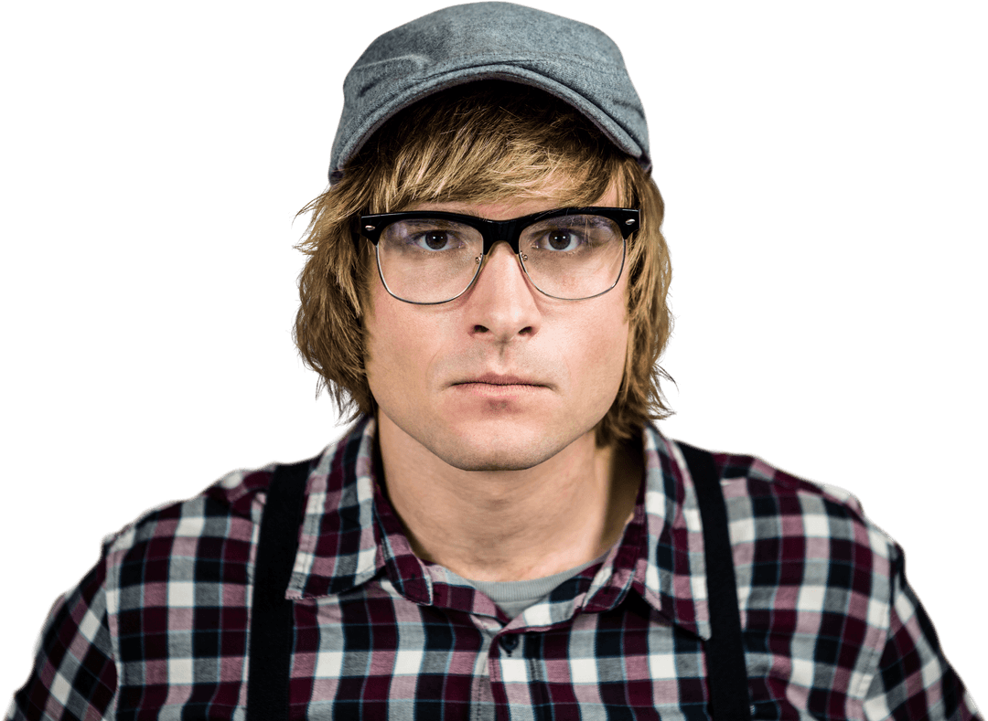 Transparent Serious Blond Hipster in Plaid with Glasses