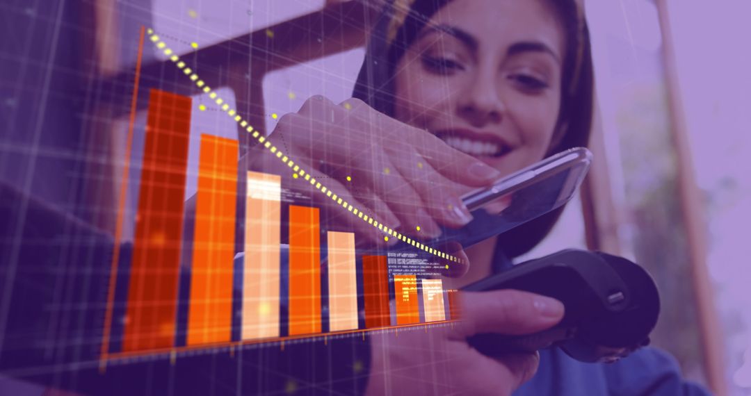 Woman Using Smartphone for Digital Payment with Data Overlay