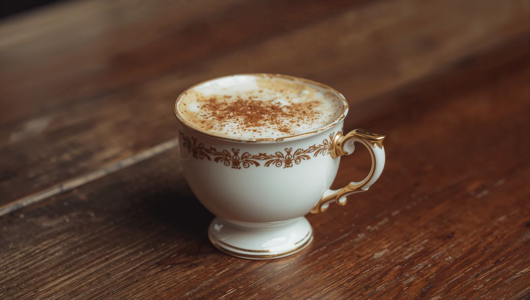 Ornate porcelain cup of cinnamon latte on rustic wooden table catching warm morning light