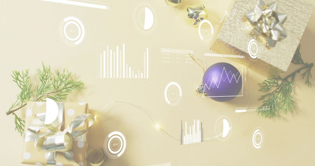Festive flatlay with glowing string lights, wrapped gifts, ornaments and HUD graphics