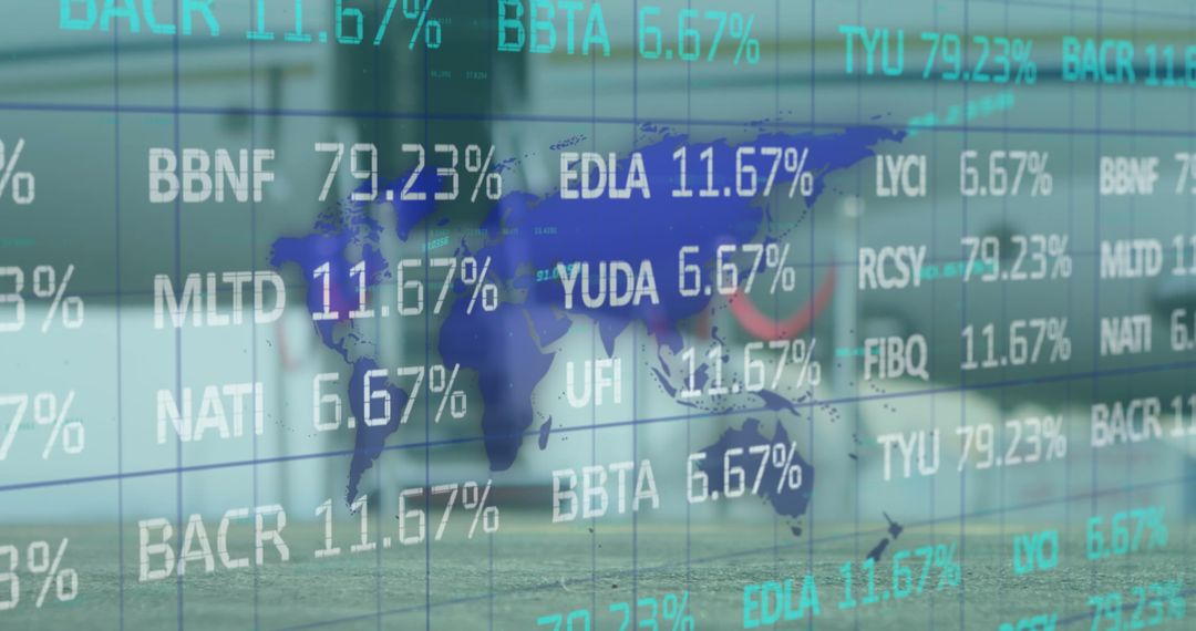 Financial Data Displayed Over World Map with Airplane Context