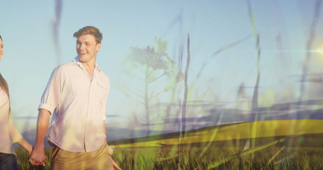 Young Couple Strolling in Sunlit Field Imagery