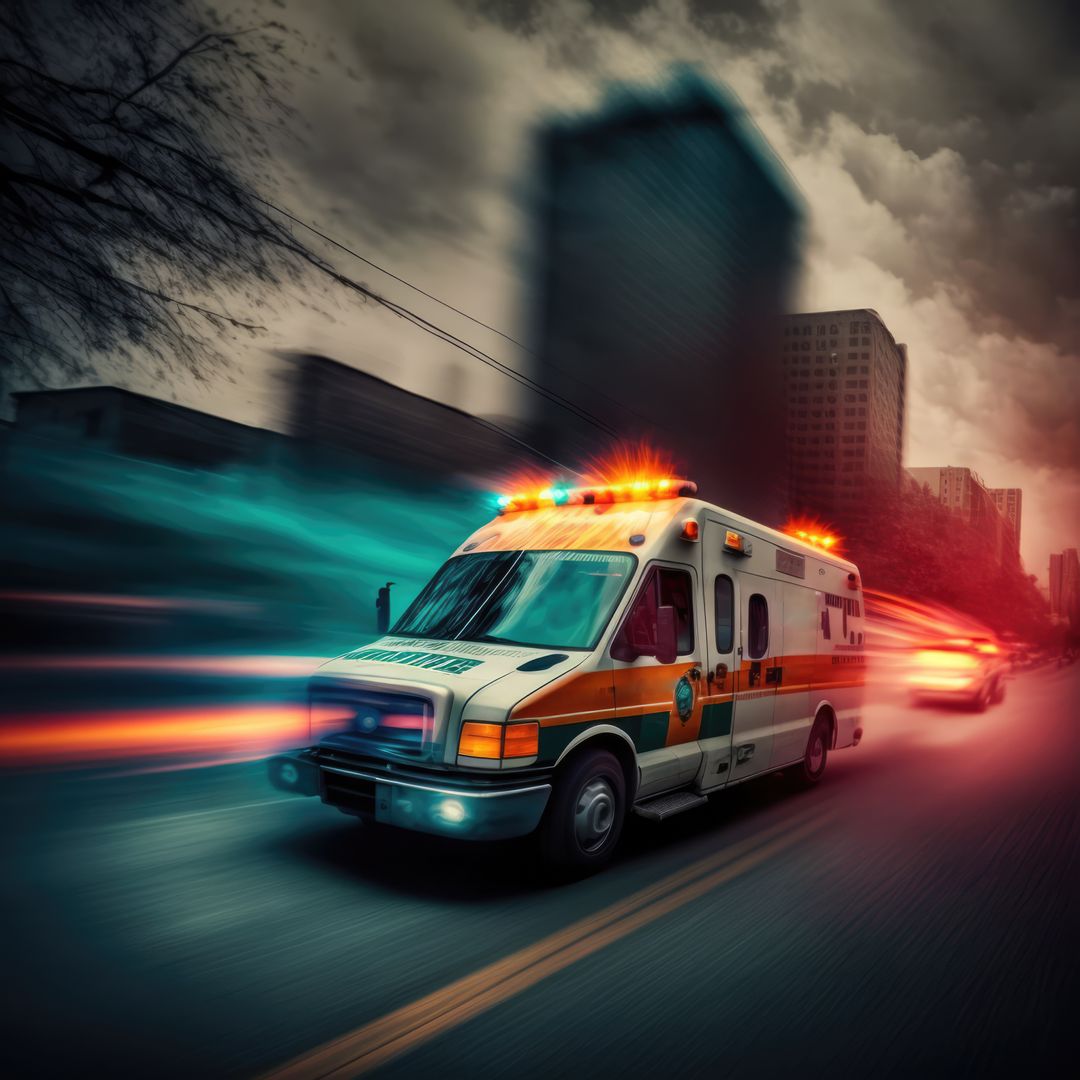 Ambulance driving in city street with clouded sky, created using generative ai technology - Free Images, Stock Photos and Pictures on Pikwizard.com