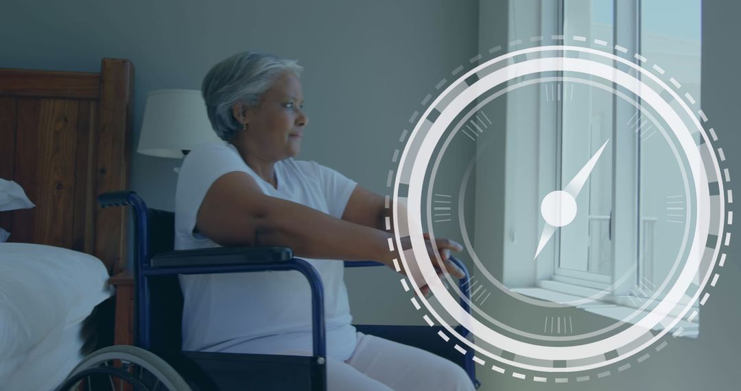 Elderly Woman in Wheelchair Looking out the Window with Clock Overlay - Free Images, Stock Photos and Pictures on Pikwizard.com