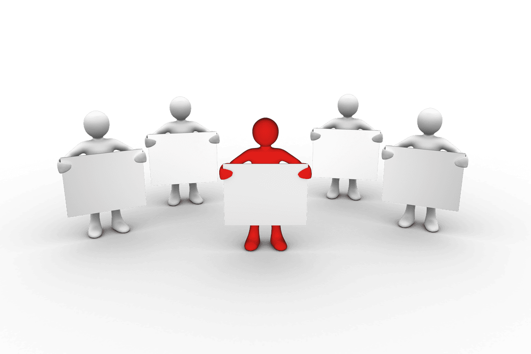 3D Render Diverse Figures Holding Transparent Signs in Circle