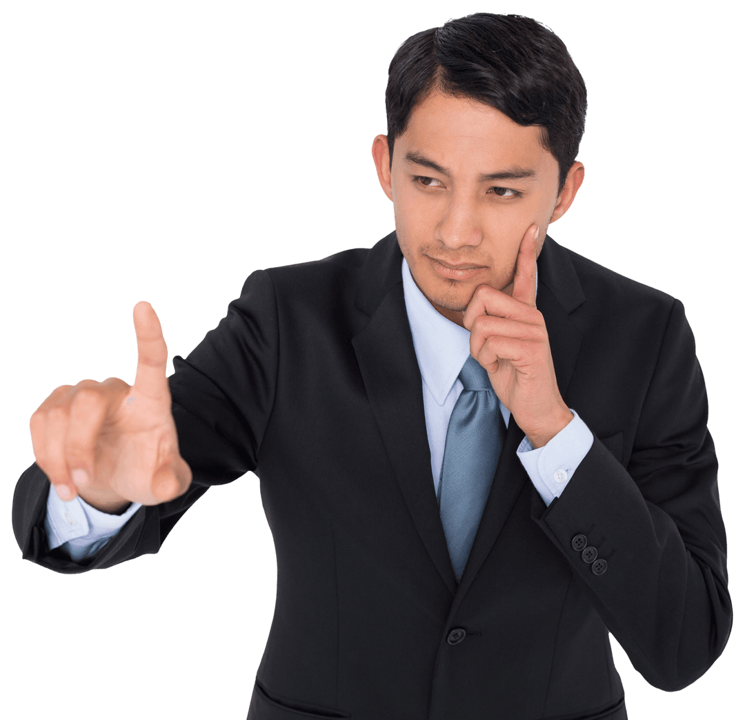 Thoughtful Businessman Indicating Forward on Transparent Background