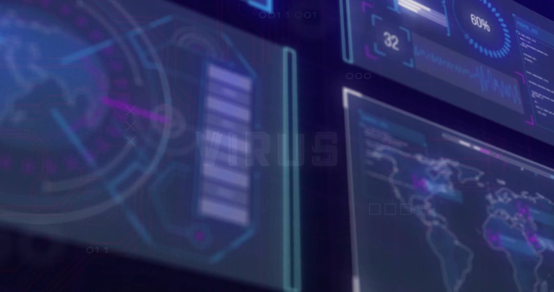 Displaying Holographic Cybersecurity Dashboard Showing Global Threat Map and Analytics
