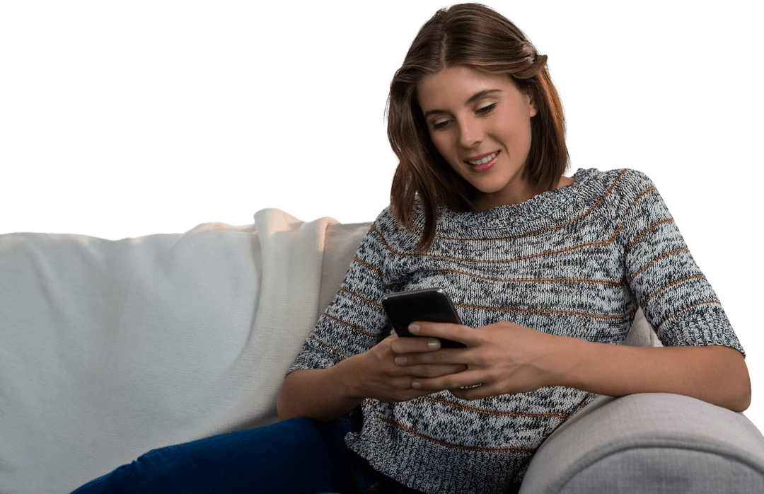 Transparent Background: Woman Using Mobile While Relaxing on Sofa