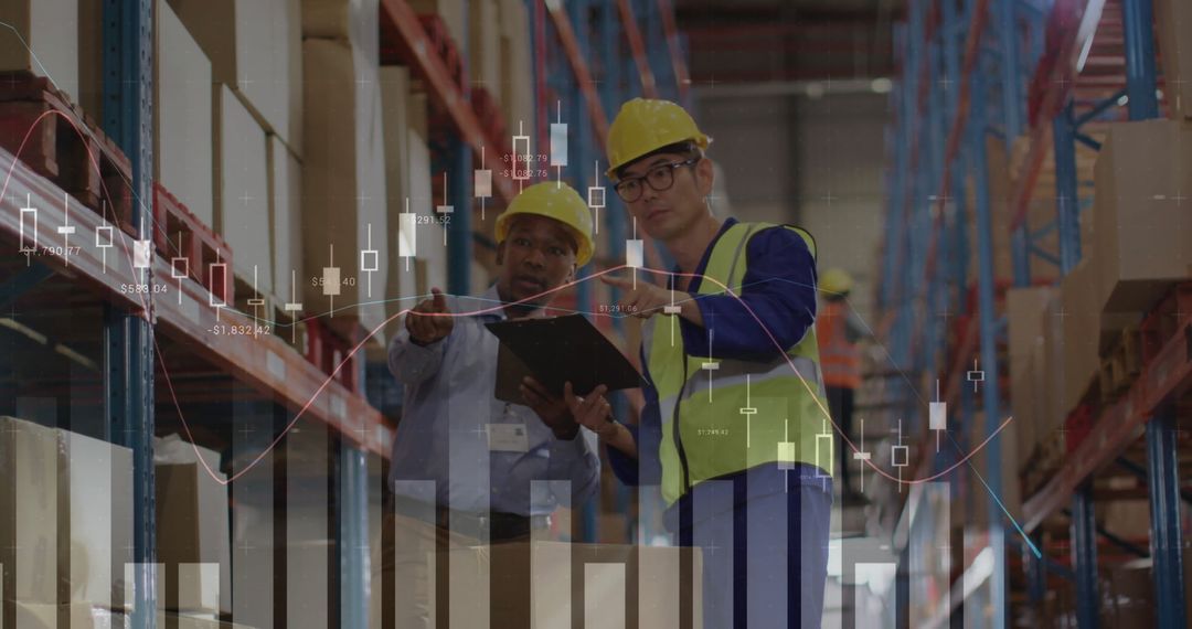 Warehouse Workers Analyzing Data with Financial Charts Overlay