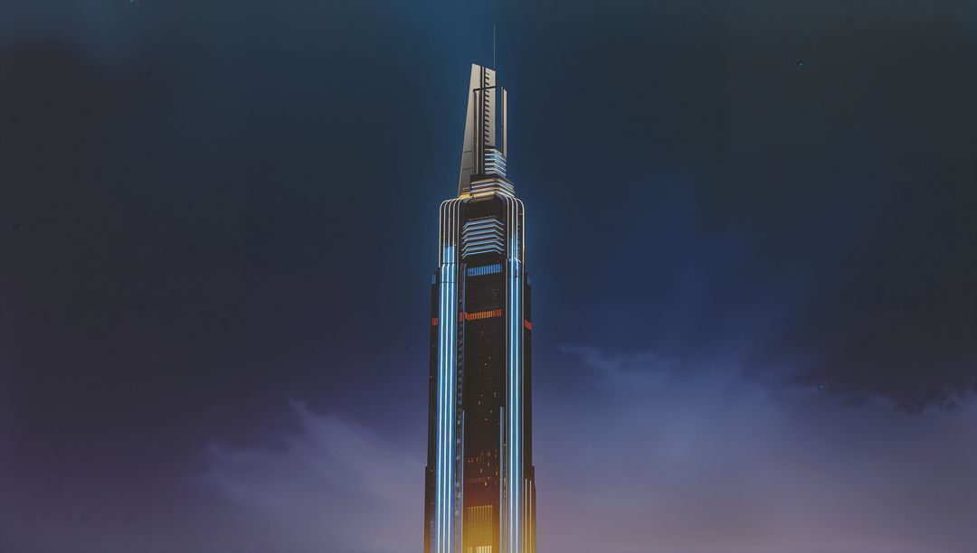 Futuristic LED-lit Skyscraper Tower Rising at Dusk with Spire Antenna and Neon Accents