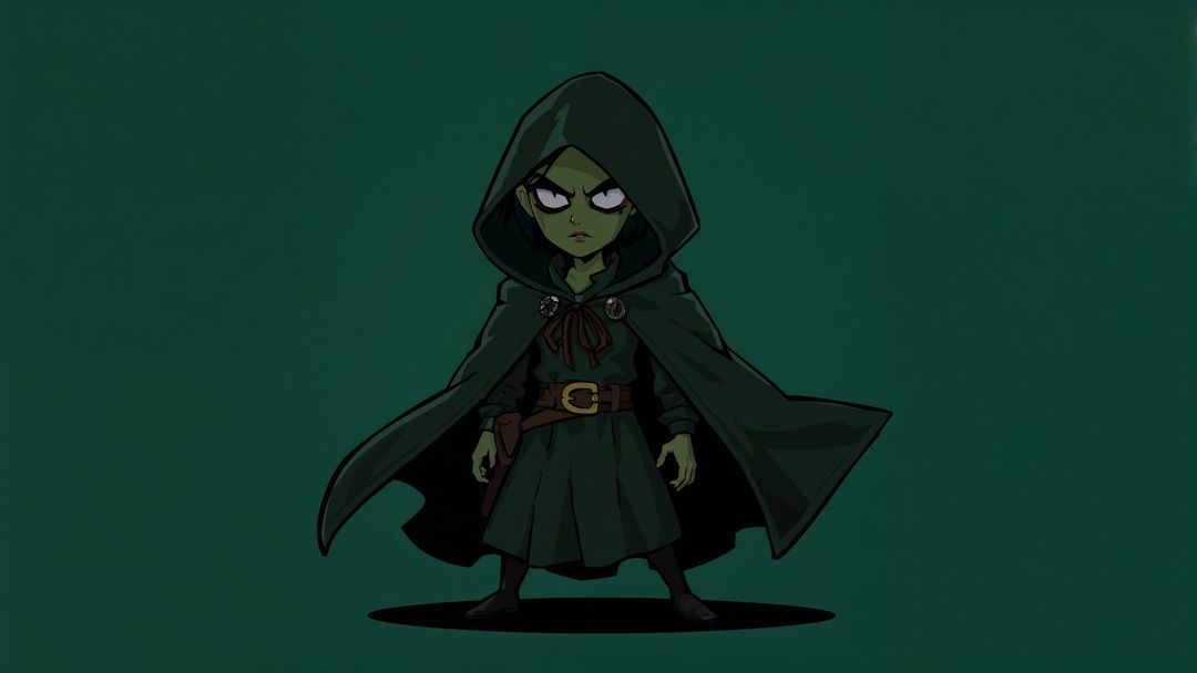 Mystical hooded assassin character with green skin in dark robe