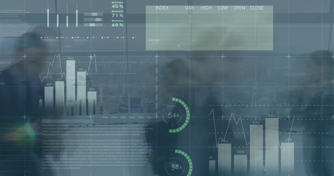 Business People with Financial Data Holographic Interface Background