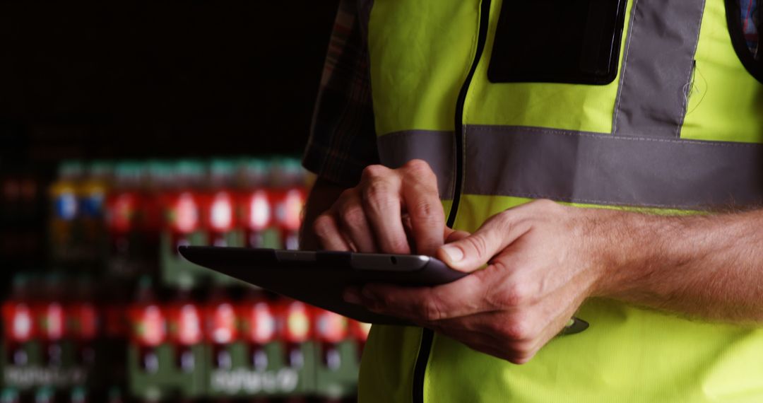 Male Worker Using Digital Tablet in Industrial Warehouse Surrounded by Bottles - Free Images, Stock Photos and Pictures on Pikwizard.com