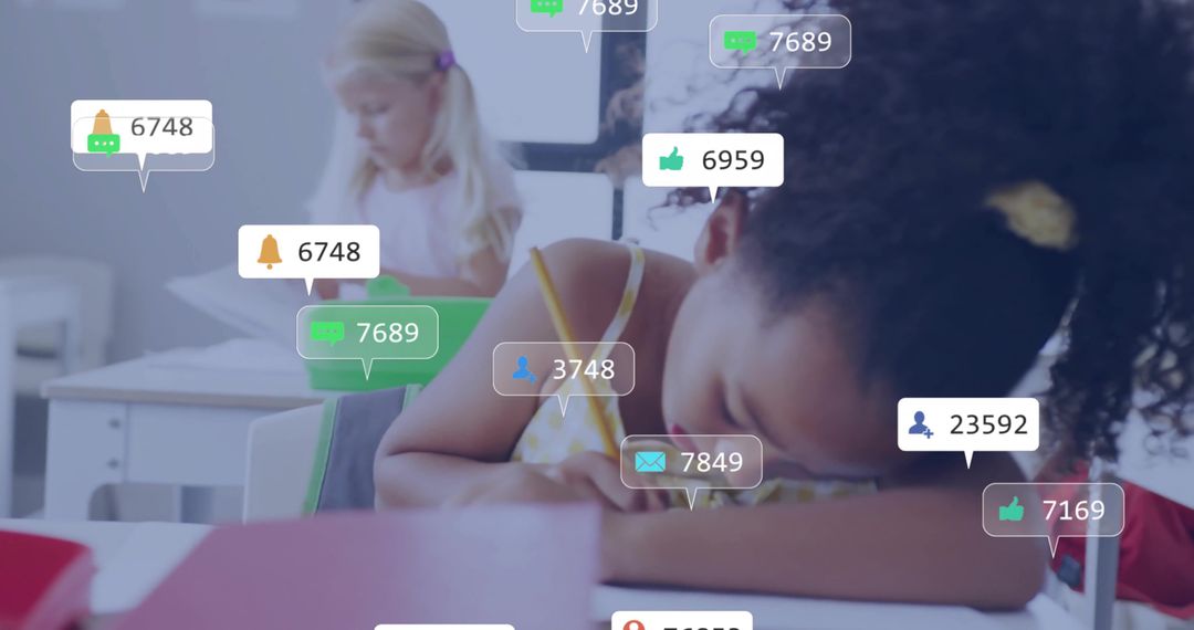 Student Surrounded by Digital Engagement Icons in Classroom