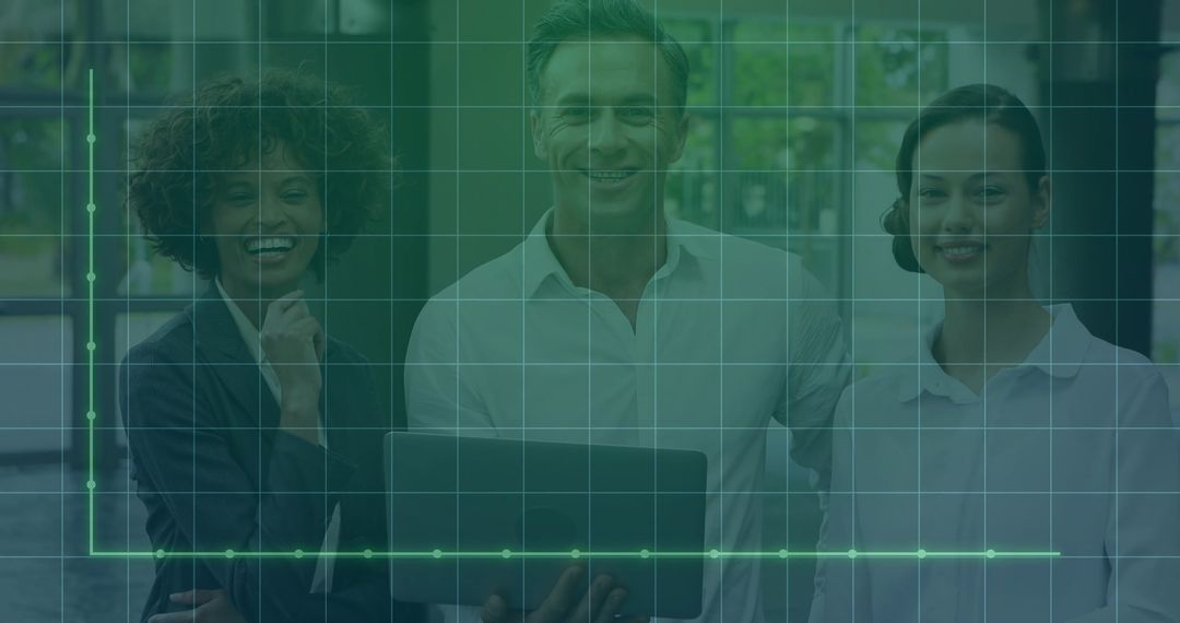Business team reviewing analytics on laptop with green grid graph overlay