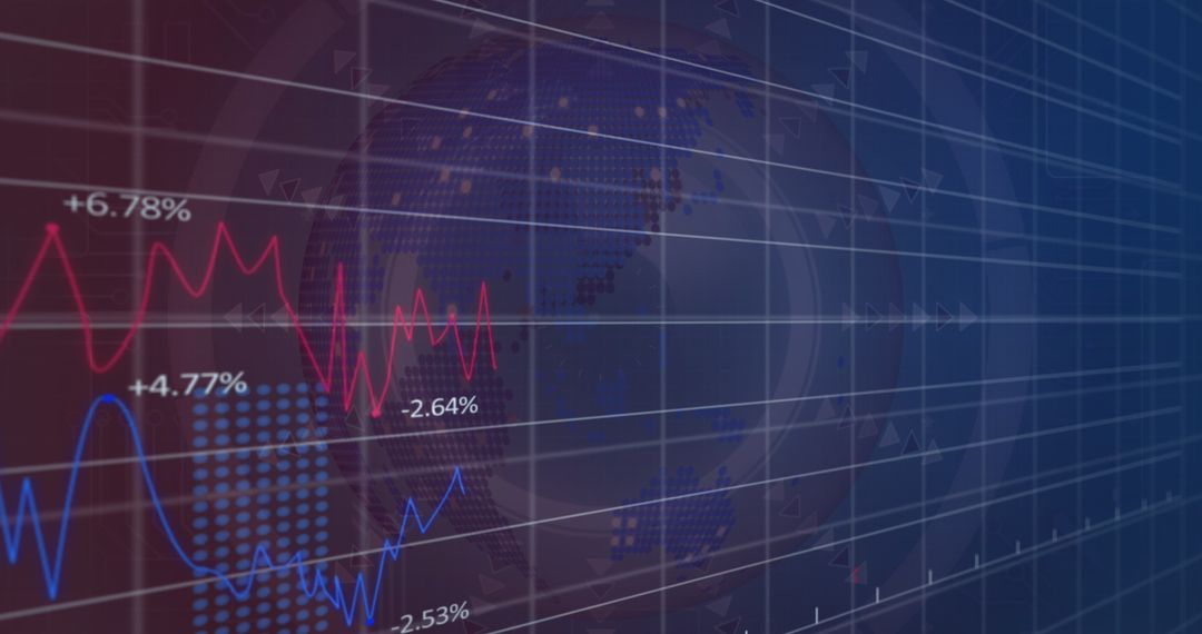 Financial Chart and Rotating Globe on Digital Grid Background