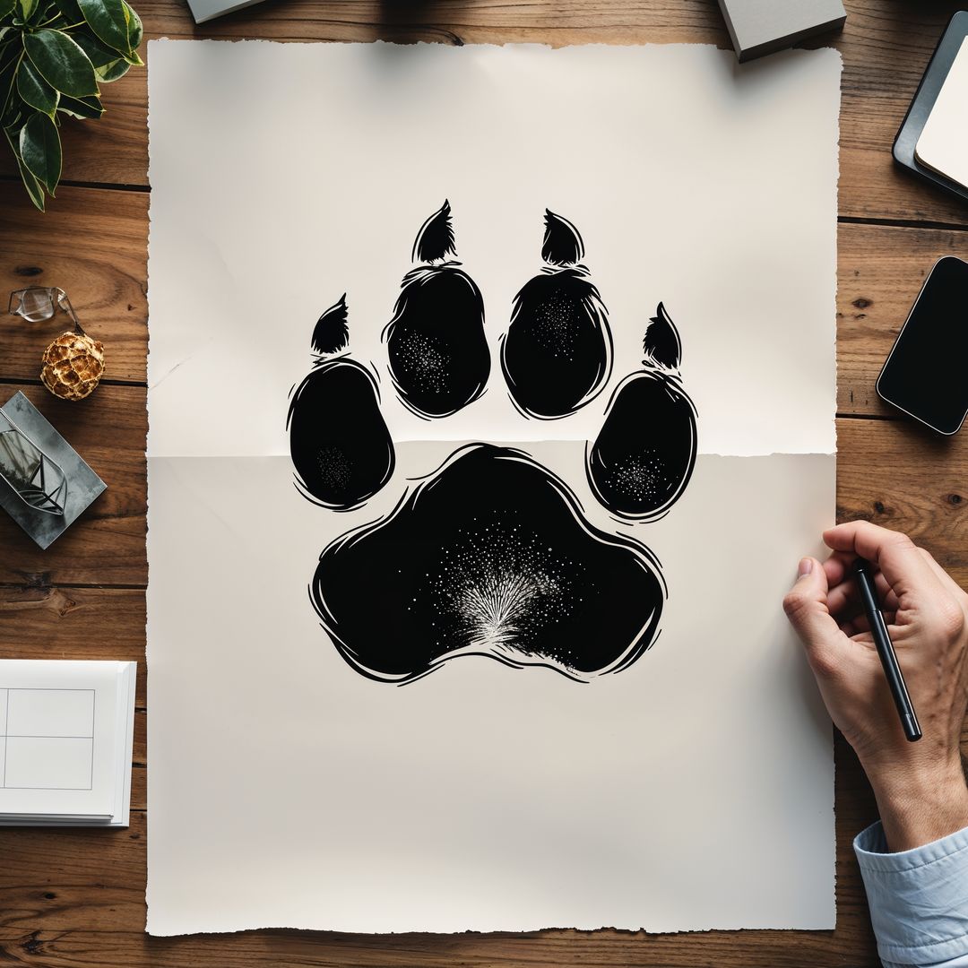Artist Drawing Paw Print at Home Desk for Creative Design