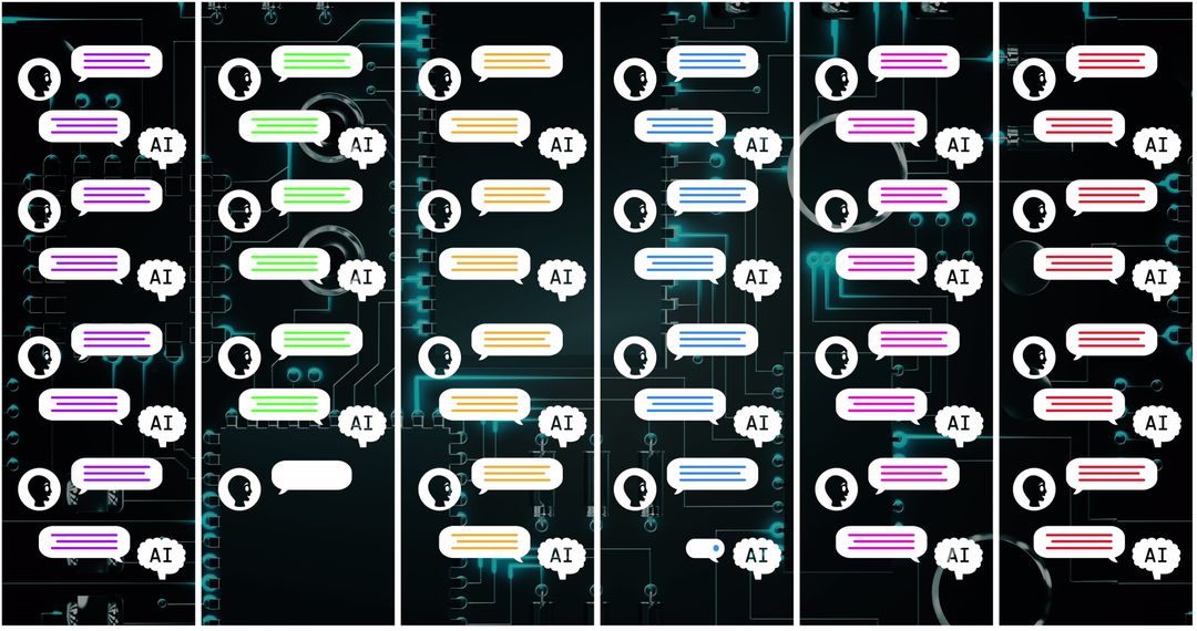 Colorful AI Conversation Bubbles Over Digital Circuit Board