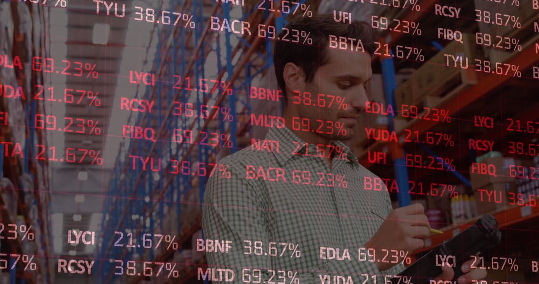 Warehouse Worker Checking Inventory with Stock Market Graph Overlay