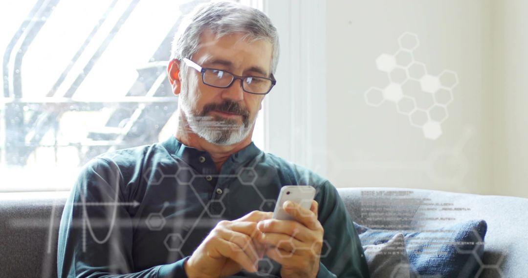 Senior Man Using Smartphone with Digital Overlays