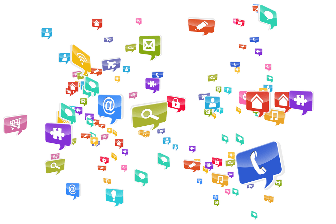 Colorful Digital Symbols Floating On Transparent Background Illustrate Communication