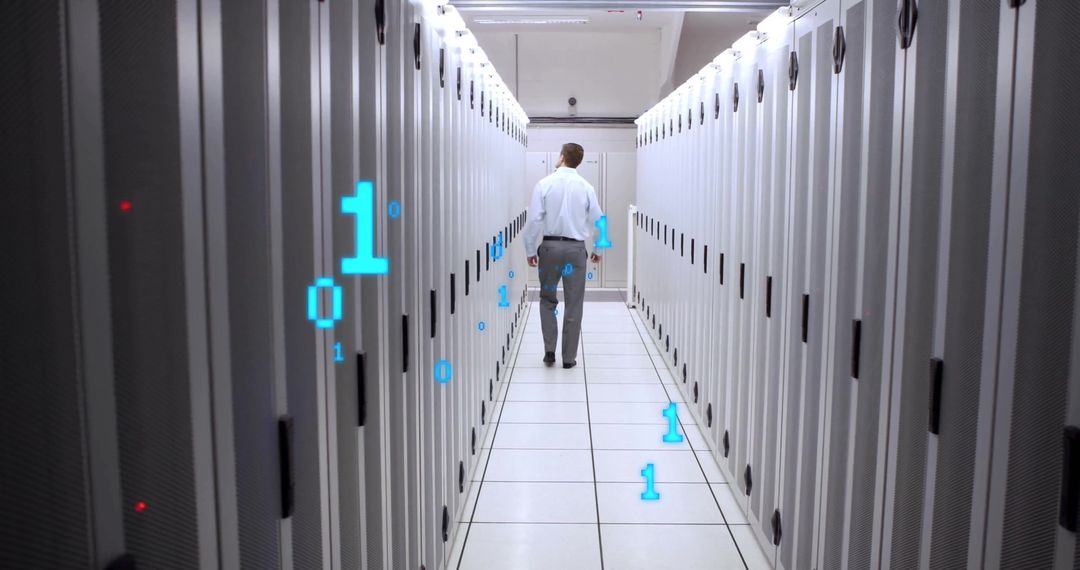 Technician Walking in Server Room with Floating Binary Code