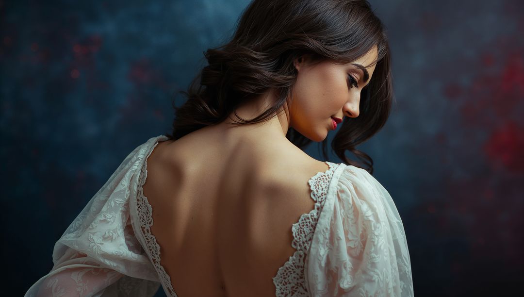 Elegant Model in Lace Open Back Gown in Studio Portrait