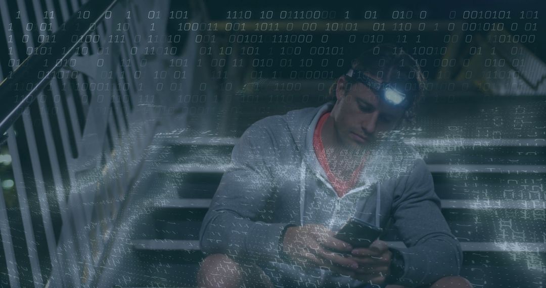 Man with Headlamp Reading Smartphone on Stairwell at Night