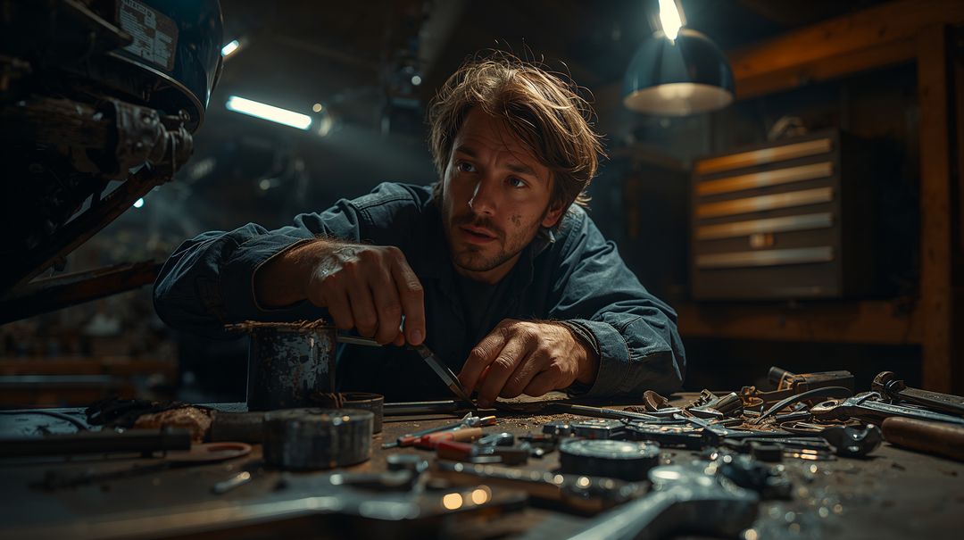 Focused mechanic tightening engine bolt at cluttered workbench in dimly lit auto garage