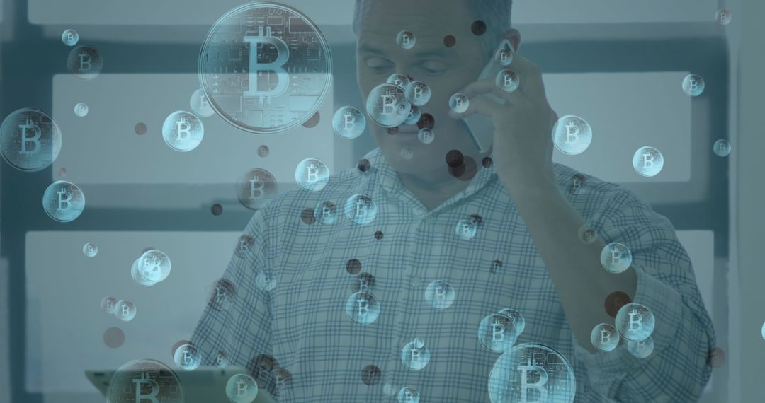 Businessman Connects with Digital Bitcoin Interface Overlay