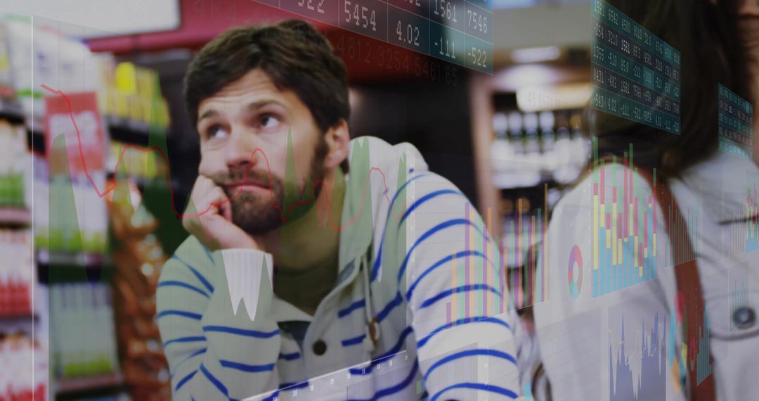 Contemplative Shopper Amid Grocery Aisle with Chart Overlay