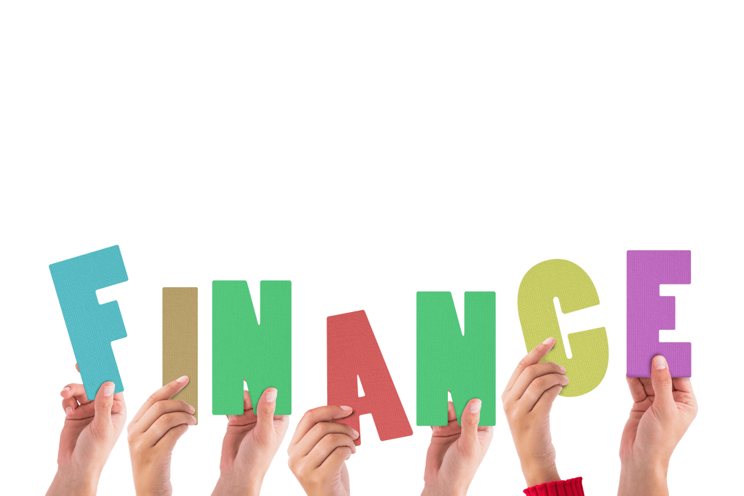 Diverse Hands Holding Colorful Finance Text on Transparent Background