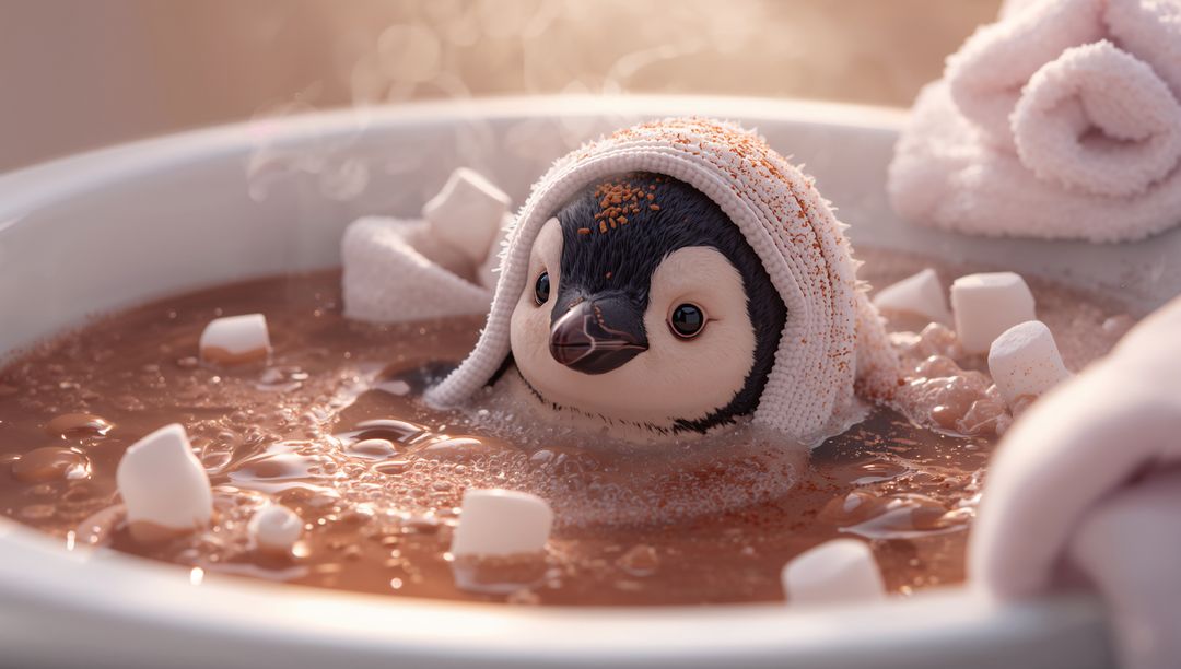 Penguin Chick Soaking in Hot Cocoa with Marshmallows and Cozy Pink Towel