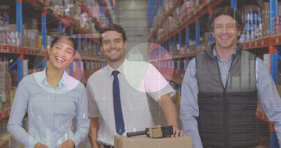 Warehouse Team with Statistical Data Overlay Smiling