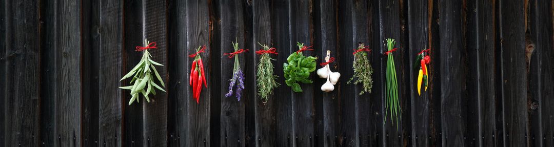 Colorful fresh herbs and vegetables hanging on wooden fence - Free Images, Stock Photos and Pictures on Pikwizard.com