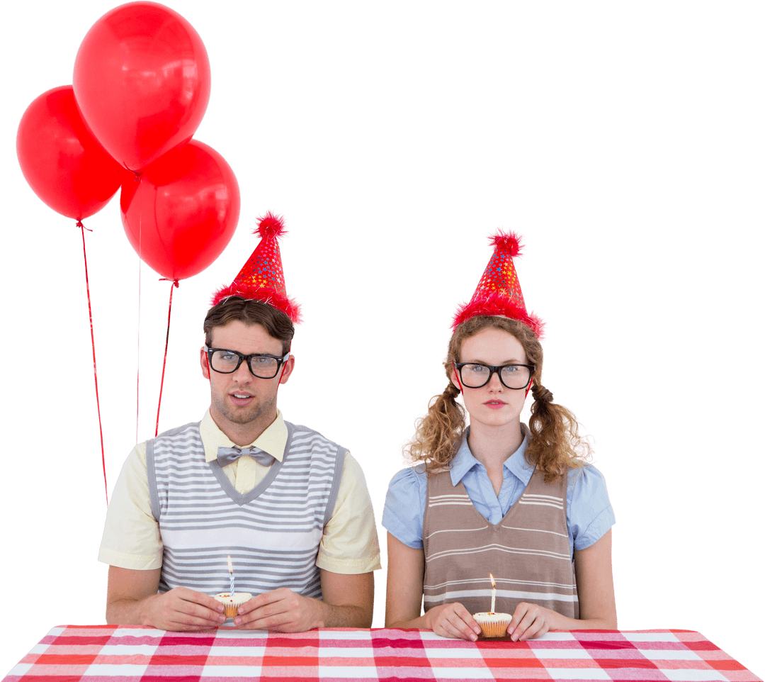 Transparent Geeky Hipster Couple with Cupcakes and Party Hats