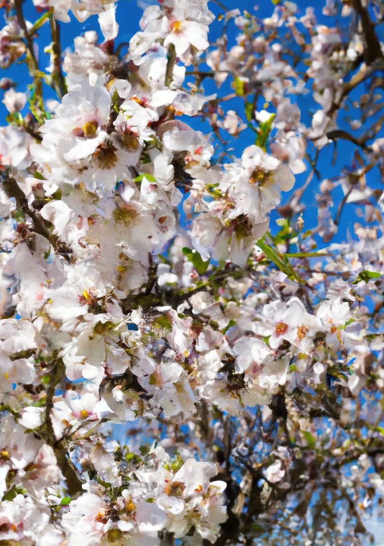 Close up of almond tree over blue sky created using generative ai technology - Free Images, Stock Photos and Pictures on Pikwizard.com