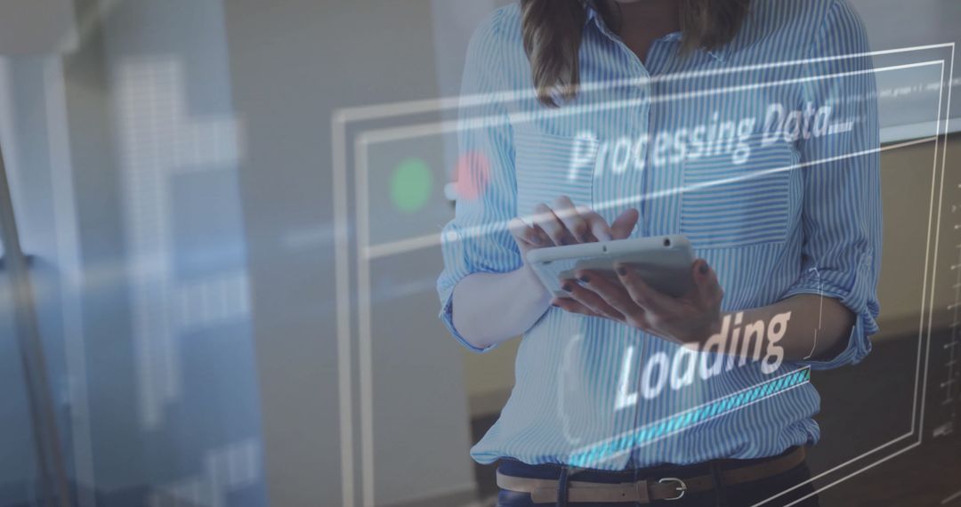 Woman Using Tablet with Futuristic Digital Interface Overlay
