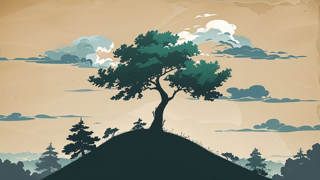 Anime serene tree on rolling hill with artistic sky