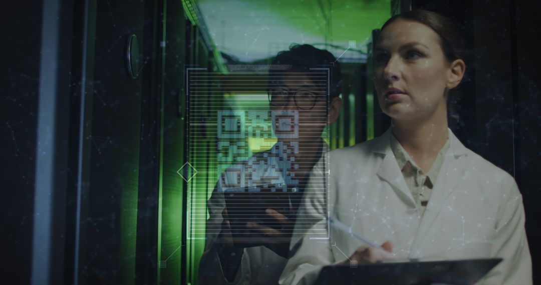 Diverse Teams Analyzing Data with QR Code Display in Server Room