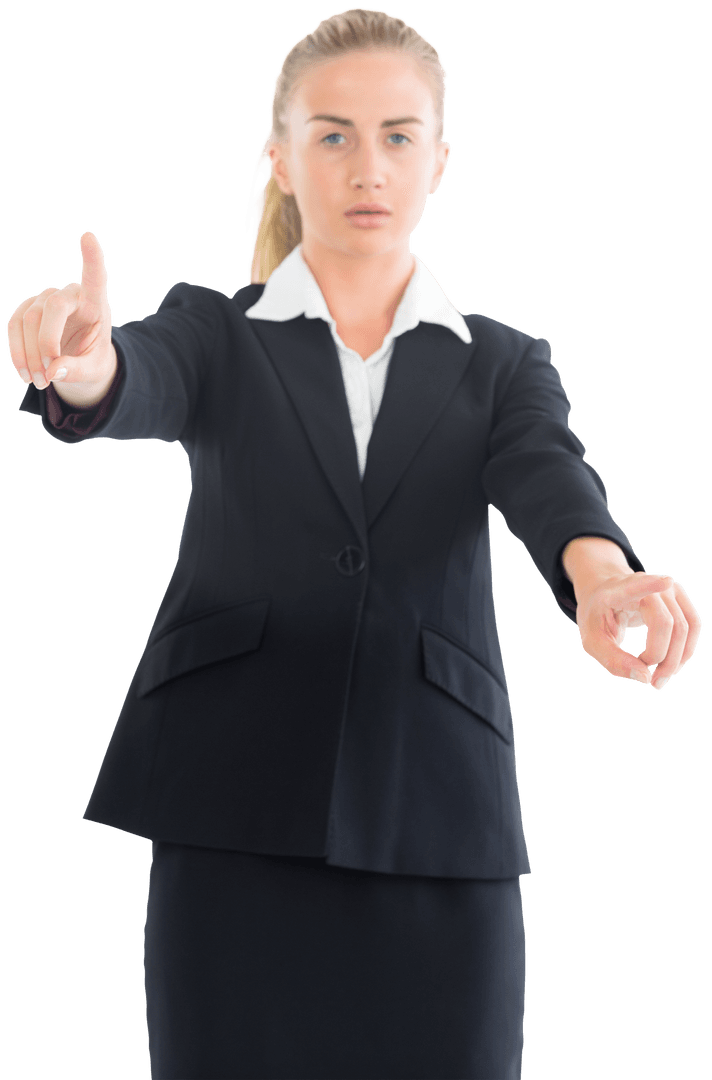 Transparent Caucasian Businesswoman Pointing with Determined Expression