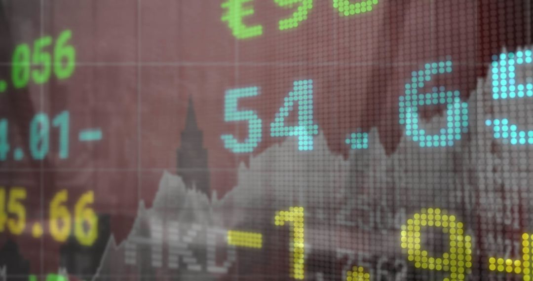 Digital Stock Market Display With Cityscape Background