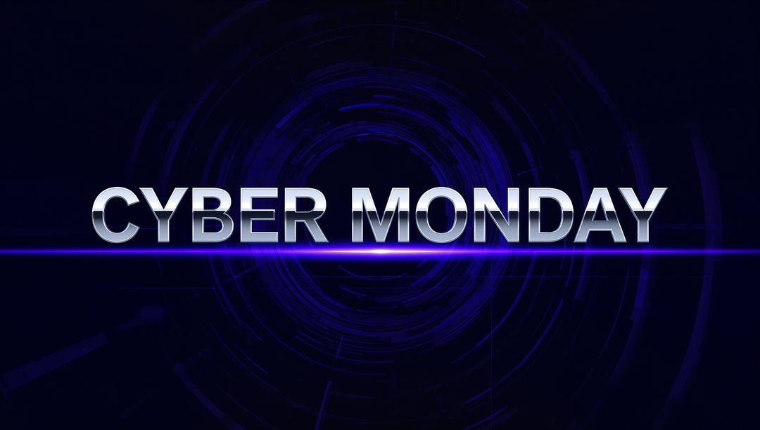 Cyber Monday Chrome Text with Neon Line and Futuristic Digital Circuit Portal Rings