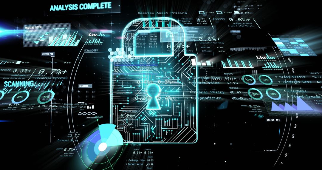 Holographic Padlock Icon Amidst Data in Futuristic Cybersecurity Interface