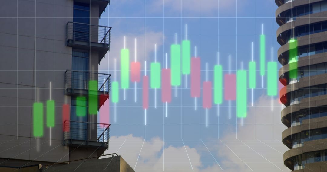 Candle Stick Chart Overlay on Modern City Buildings